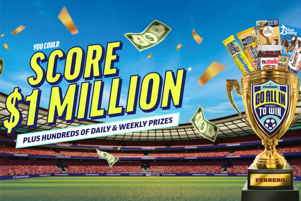 A vibrant stadium scene features a golden trophy overflowing with snacks and floating dollar bills, promoting a chance to win $1 million and various prizes in a lively contest, featured in the Ferrero 1 Million Sweepstakes