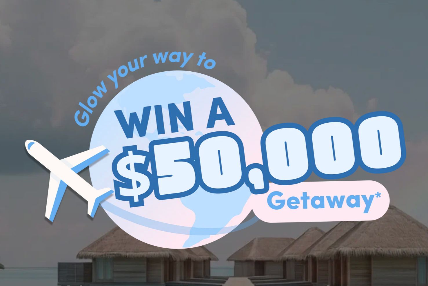 A serene tropical scene features thatch-roofed huts along a calm shoreline, with clouds overhead. Text promotes a $50,000 getaway contest with a plane icon, featured in the The Collagen Co $50k Sweepstakes