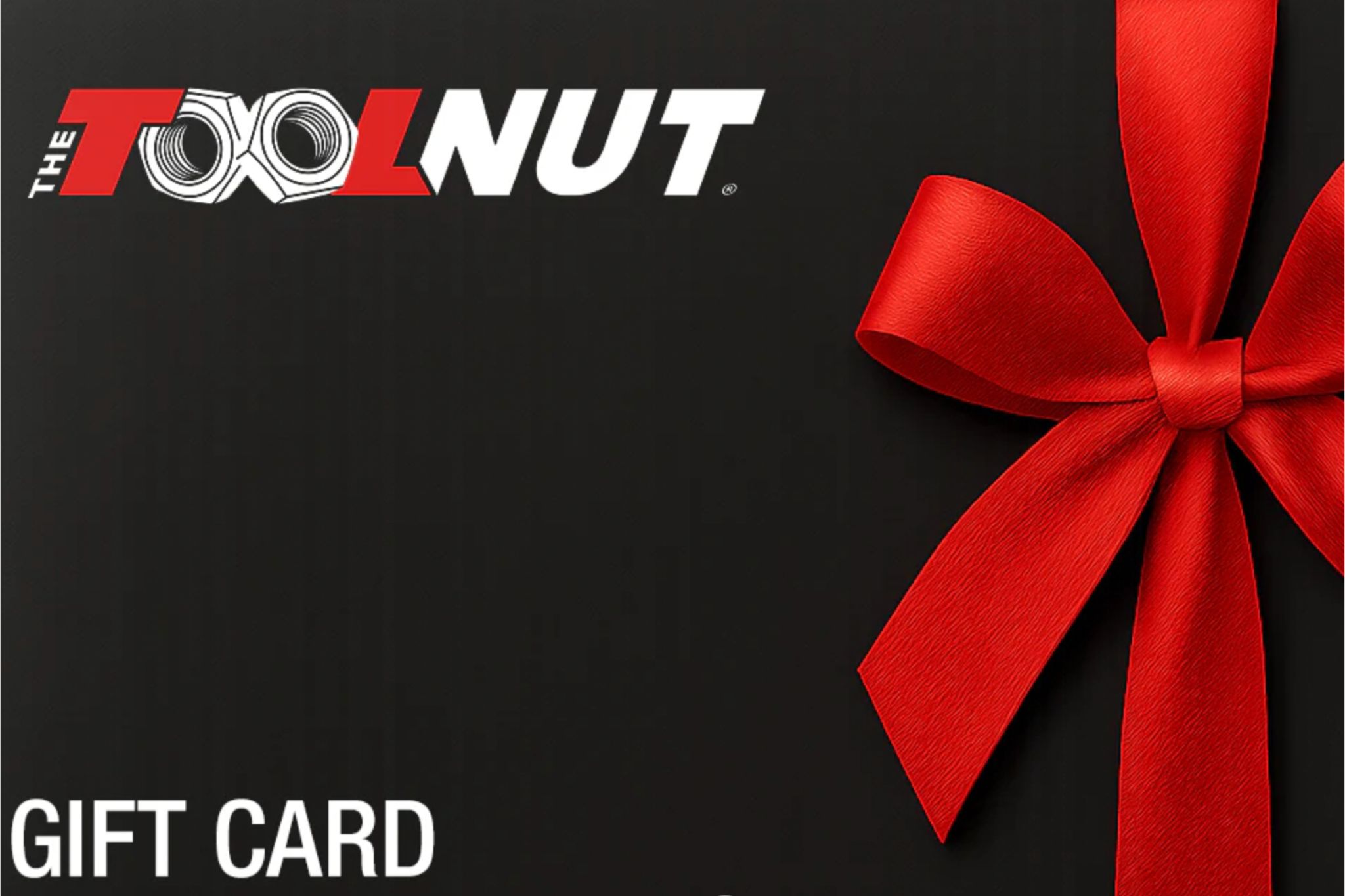 A festive black gift card features a large red ribbon bow, creating an elegant presentation perfect for giving or receiving as a present, featured in the Tool Nut $500 Sweepstakes
