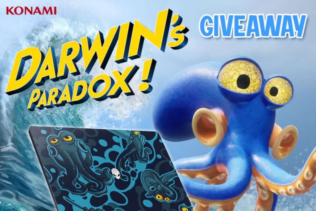 A bright blue octopus with large speckled eyes is featured against a watery background, alongside a colorful design depicting other cephalopods, promoting a giveaway for "Darwin's Paradox.", featured in the Konami Alienware Laptop Sweepstakes