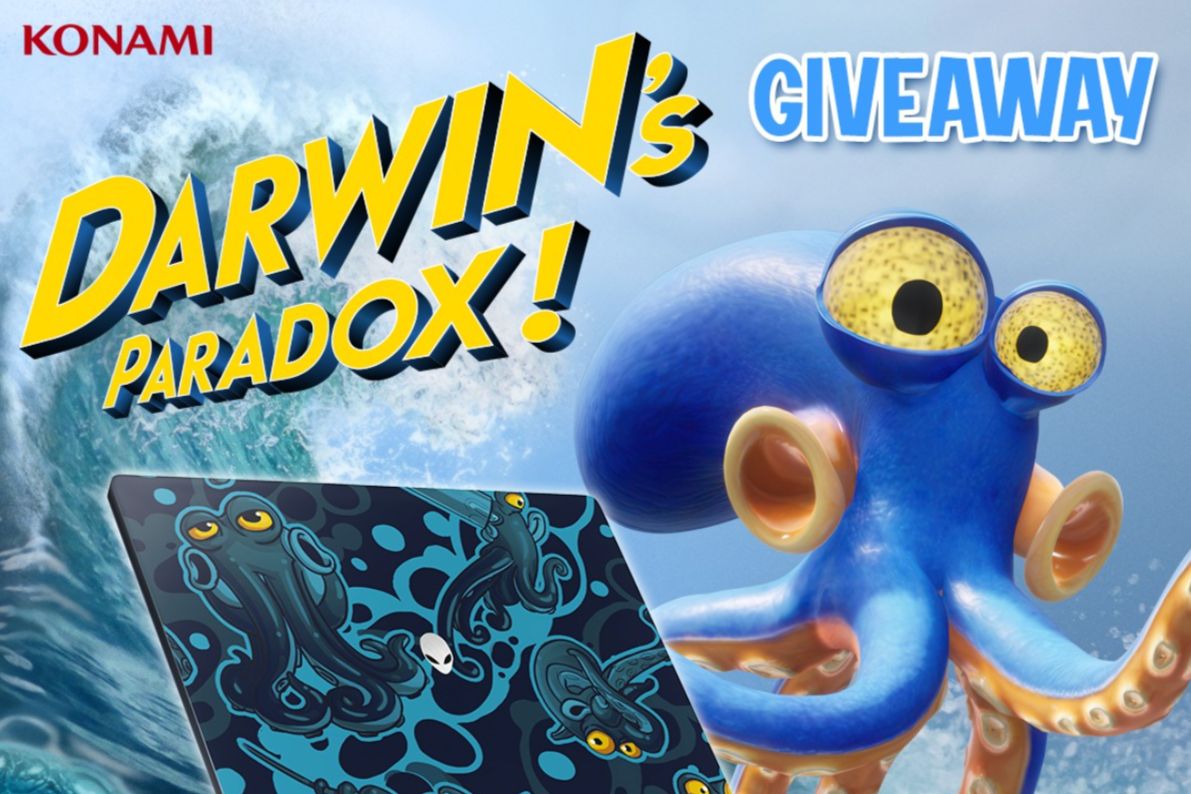 A bright blue octopus with large speckled eyes is featured against a watery background, alongside a colorful design depicting other cephalopods, promoting a giveaway for "Darwin's Paradox.", featured in the Konami Alienware Laptop Sweepstakes