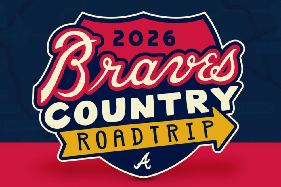 The image features a vibrant logo for the "2026 Braves Country Roadtrip," showcasing bold lettering and a colorful design with an arrow pointing right, featured in the Braves Country Road Trip Sweepstakes