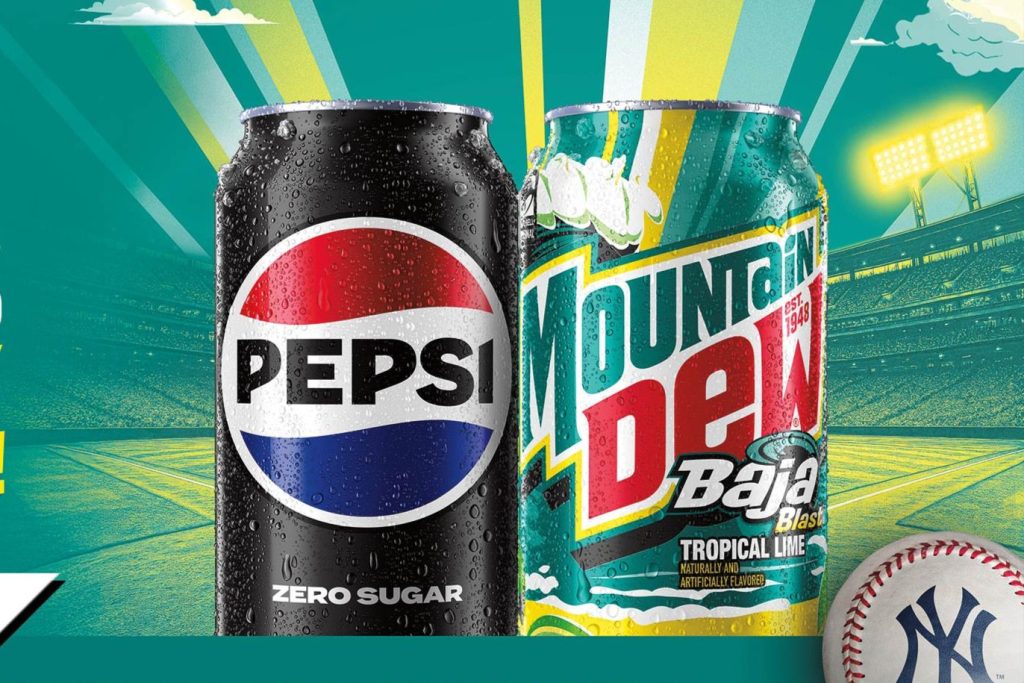 Two beverage cans, one black with a red and white logo and the other teal with vibrant graphics, are prominently displayed against a colorful background featuring a sports field, featured in the Mountain Dew Yankees Sweepstakes