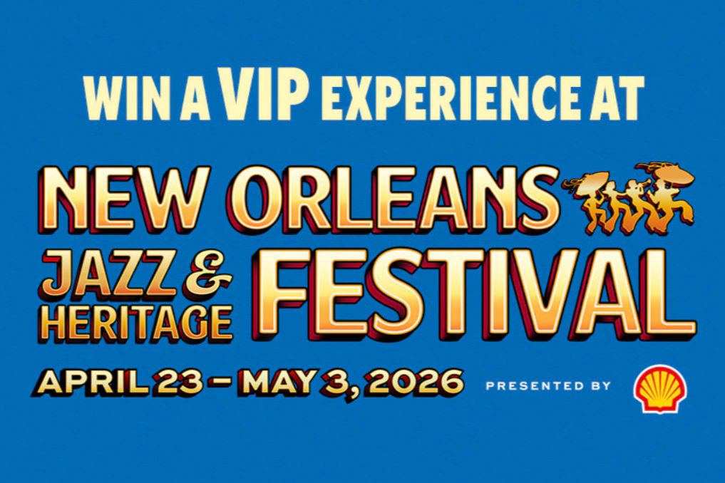 A vibrant blue background showcases bold text inviting viewers to win a VIP experience at the New Orleans Jazz & Heritage Festival, scheduled for April 23 to May 3, 2026, featured in the iHeartRadio Jazz Fest VIP Sweepstakes