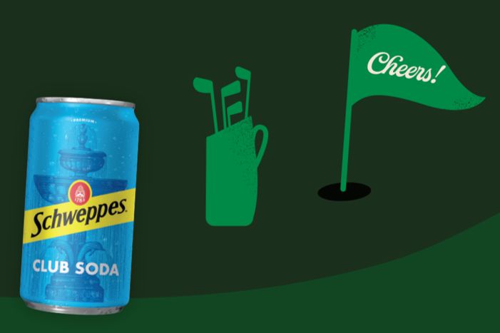 A bright blue can of club soda is placed next to a golf bag with clubs and a spring green flag that says "Cheers!" on a dark green background, featured in the 2026 Schweppes Golf Sweepstakes