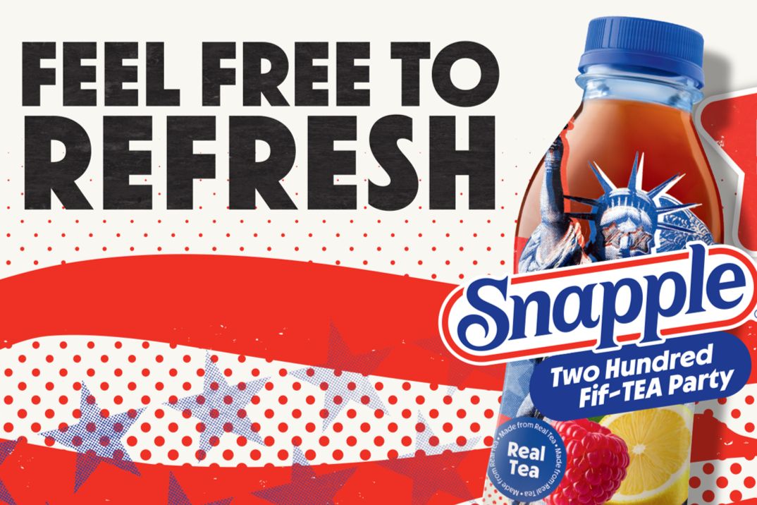 A vibrant red and white background features a bottle of iced tea alongside images of the Statue of Liberty, promoting a refreshing beverage experience for summer festivities, featured in the Snapple NYC Trip Sweepstakes