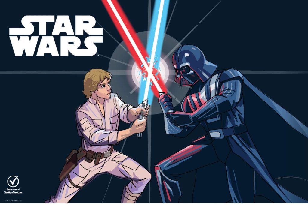 Luke Skywalker and Darth Vader engage in a lightsaber duel, with blue and red blades clashing. A dark background emphasizes the intensity of their confrontation, featured in the TruMoo Blue Milk Sweepstakes