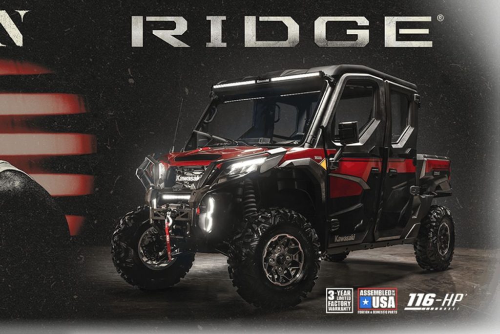 A rugged all-terrain vehicle with a bold red and black design is showcased on a dark background, highlighting its powerful features and off-road capabilities, featured in the Kawasaki Ridge Sweepstakes
