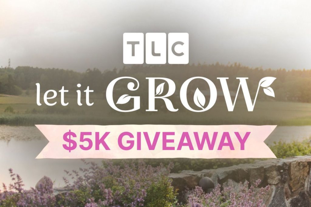 A serene landscape featuring a calm lake and lush greenery under a cloudy sky, with vibrant flowers in the foreground highlighting a promotional message about a $5K giveaway, featured in the TLC $5,000 Sweepstakes