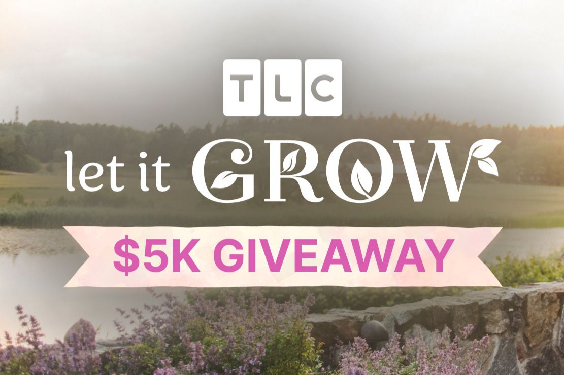 A serene landscape featuring a calm lake and lush greenery under a cloudy sky, with vibrant flowers in the foreground highlighting a promotional message about a $5K giveaway, featured in the TLC $5,000 Sweepstakes