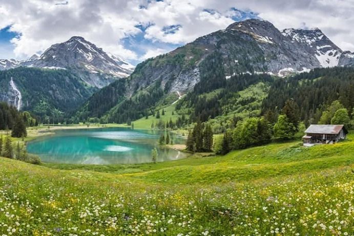 A serene alpine lake reflects the surrounding mountains, with lush green meadows and scattered wildflowers. A rustic cabin sits quietly at the edge of the tranquil scene, featured in the SWISSGEAR Switzerland Trip Sweepstakes