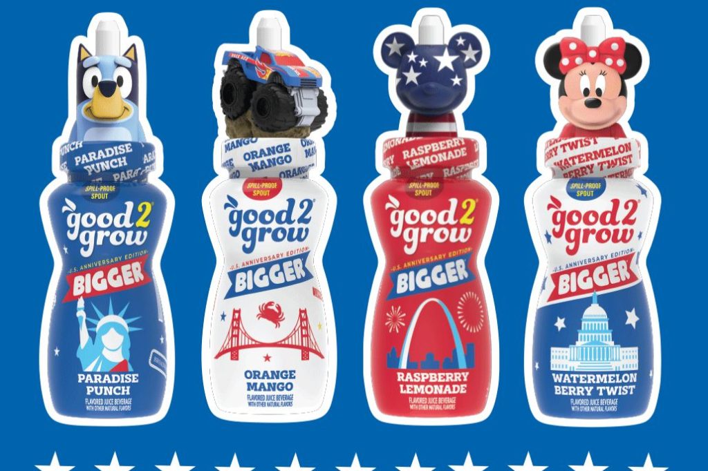 Four colorful juice bottles are displayed against a blue background, featuring flavors like Paradise Punch, Orange Mango, Raspberry Lemonade, and Watermelon Berry Twist, each with a unique character cap, featured in the good2grow Stars Stripes and Sights Sweepstakes