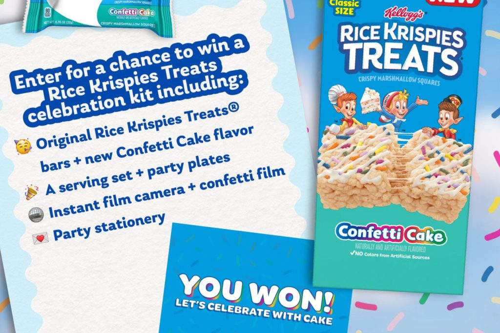 A colorful display featuring Kellogg's Rice Krispies Treats in a new Confetti Cake flavor, surrounded by party-themed items, inviting celebration and fun, featured in the Kellogg's Rice Krispies Treats Confetti Cake Sweepstakes