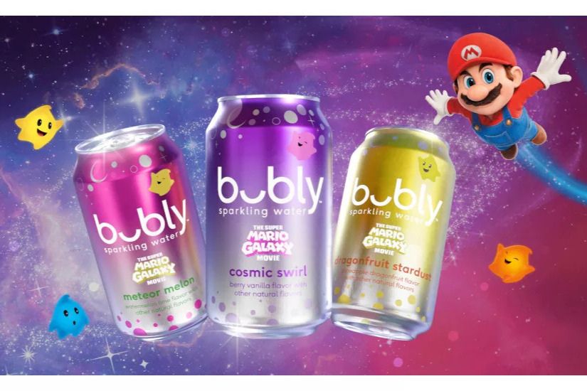 Three cans of flavored sparkling water are arranged in space, with a character resembling a famous video game plumber flying through the galaxy alongside colorful star-shaped creatures, featured in the Regal x bubly Sweepstakes