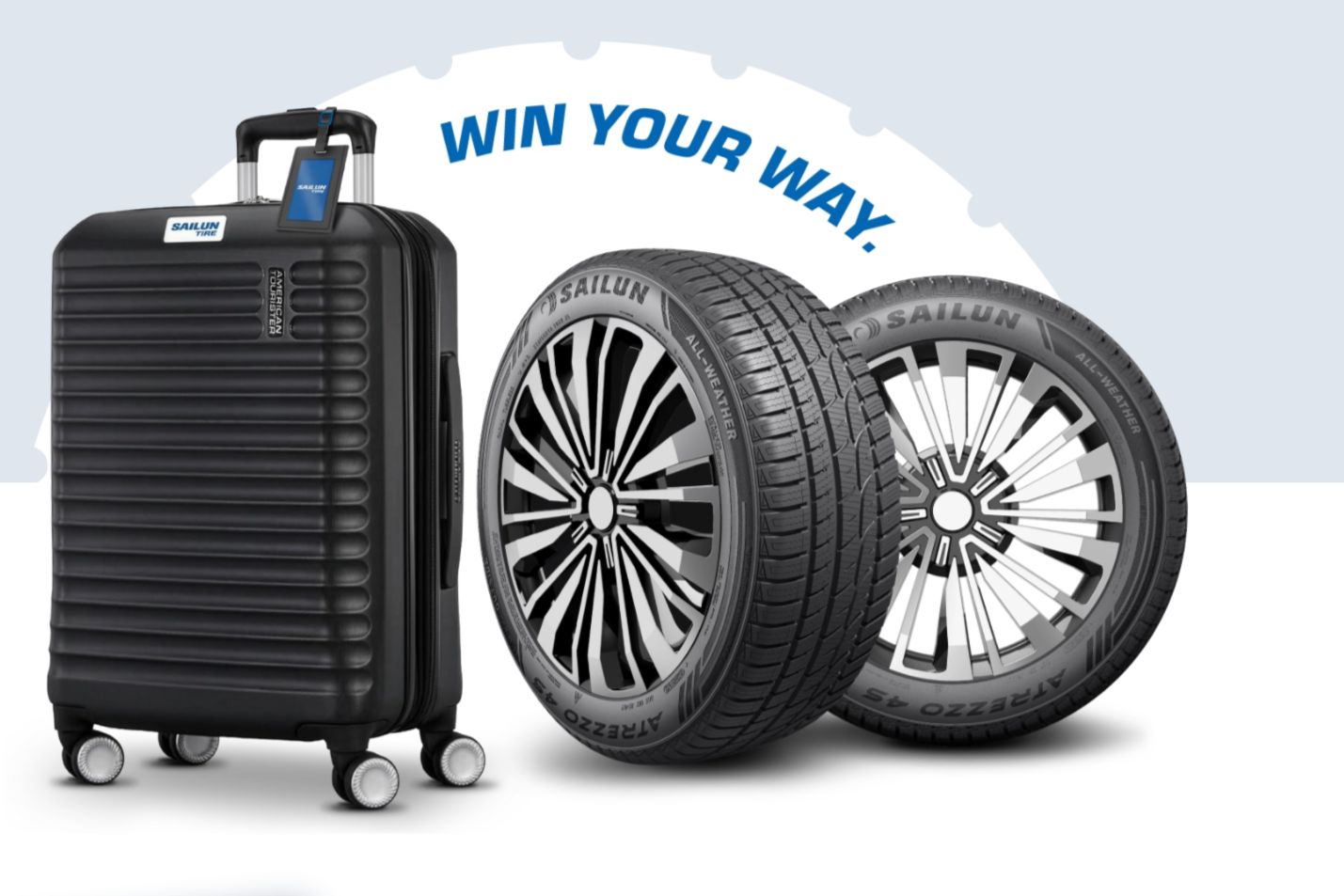 A sleek black suitcase stands beside two branded all-weather tires, creating a travel-themed scene. The background features a light blue design with stylized text, featured in the Sailun Tire Spring Sweepstakes