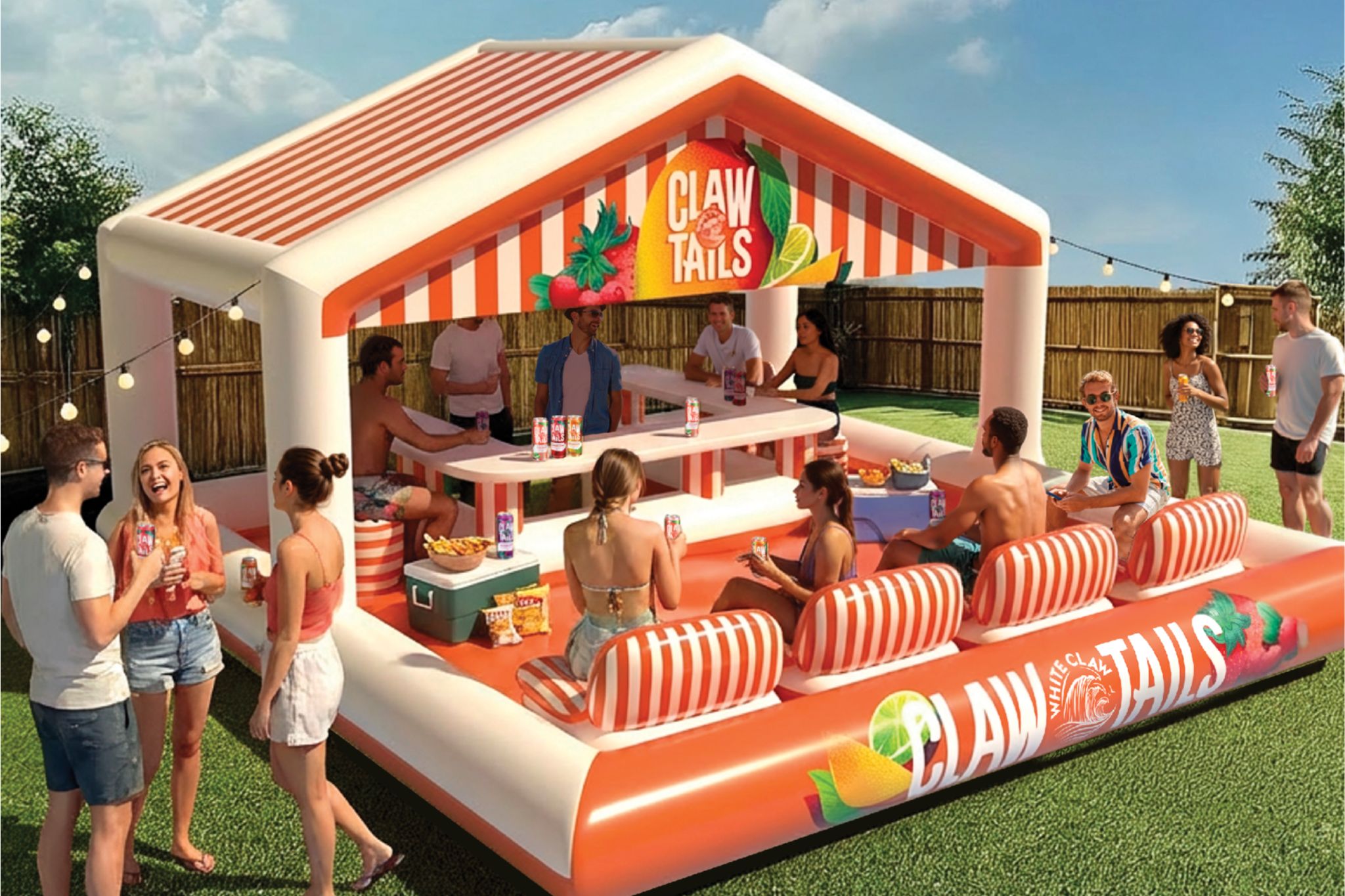 A lively gathering around an inflatable bar, guests enjoy drinks and snacks in a sunny backyard setting, with greenery and string lights enhancing the festive atmosphere, featured in the White Claw Inflatable Pool Lounger Sweepstakes