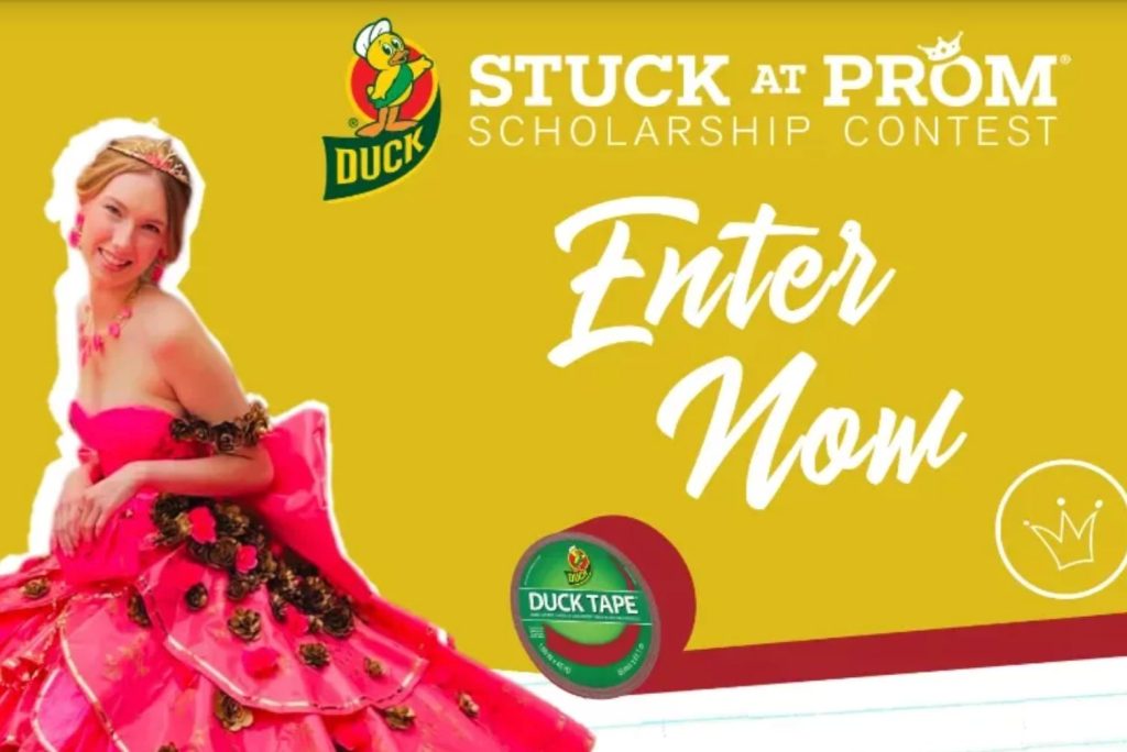 A smiling young woman in a vibrant pink dress adorned with black flowers poses against a bright yellow background, promoting a scholarship contest, featured in the Duck Brand Stuck at Prom Scholarship