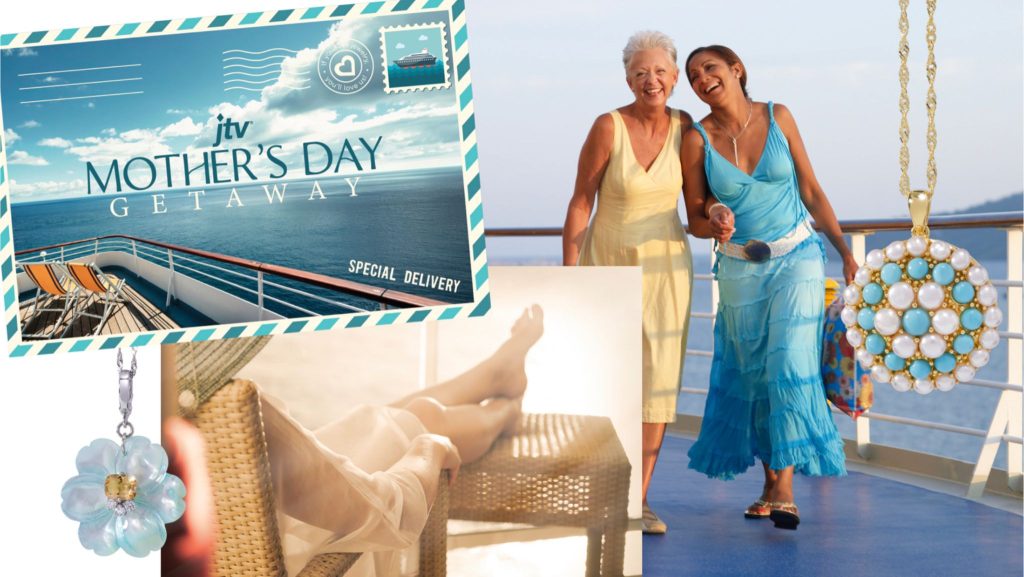 Two women joyfully walk along a cruise ship deck, wearing vibrant dresses. A postcard theme promotes a Mother's Day getaway, complemented by images of jewelry and relaxation, featured in the JTV Mother's Day Getaway Sweepstakes