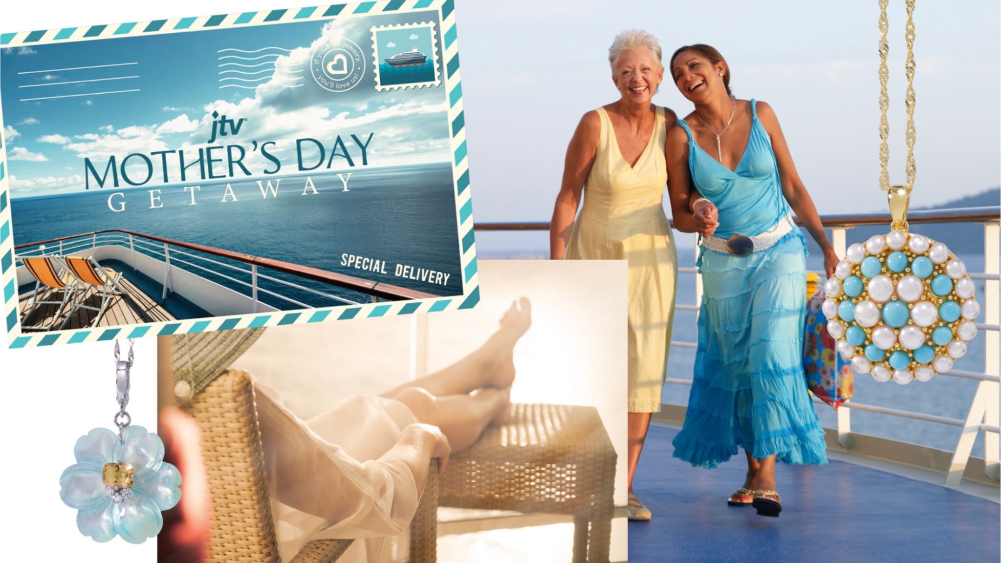 Two women joyfully walk along a cruise ship deck, wearing vibrant dresses. A postcard theme promotes a Mother's Day getaway, complemented by images of jewelry and relaxation, featured in the JTV Mother's Day Getaway Sweepstakes