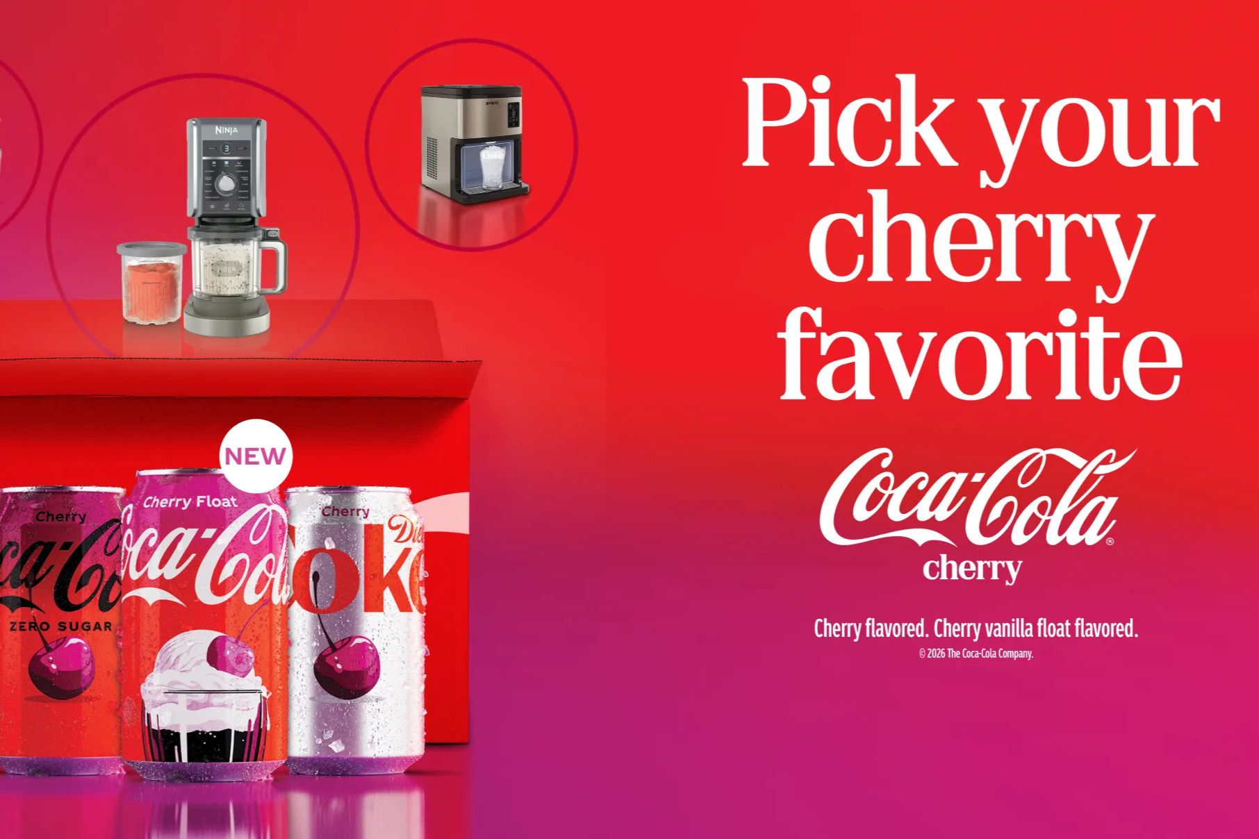 A vibrant red background features several cans of cherry-flavored Coca-Cola, alongside kitchen appliances for preparing drinks. The focus encourages viewers to choose their cherry favorite, featured in the Coca-Cola Year of Cherry Sweepstakes
