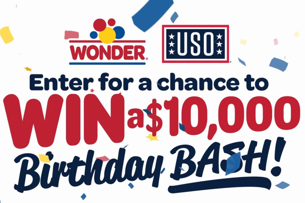 Colorful confetti falls around text promoting a giveaway for a chance to win $10,000 for a birthday celebration, emphasizing excitement and festive spirit, featured in the Flowers Bakeries $10,000 Sweepstakes