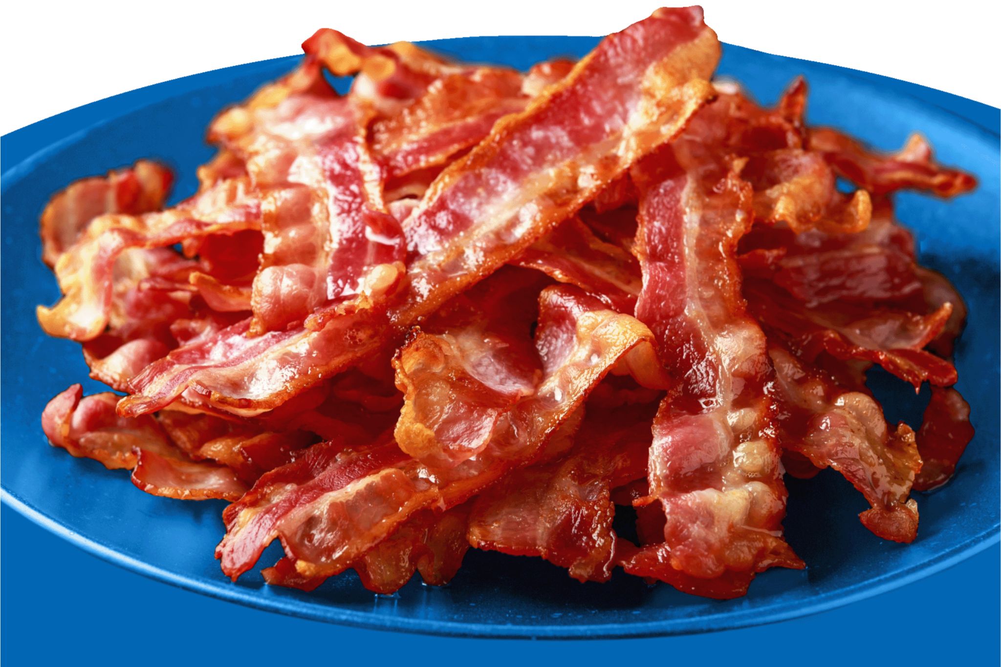 A close-up view of crispy, golden-brown bacon strips piled high on a vibrant blue plate, showcasing the delicious texture and color of the cooked meat, featured in the Farmland Big Book of Bacon Sweepstakes