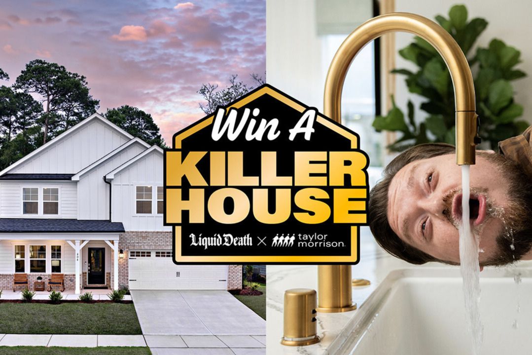A modern house with a landscaped front yard is shown alongside a man playfully leaning over a sink while water flows from a stylish gold faucet. The scene has a vibrant, lighthearted feel, featured in the Liquid Death Taylor Morrison Home Sweepstakes