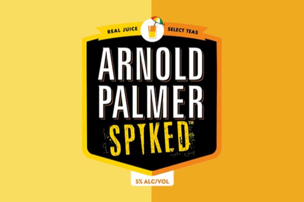 A vibrant yellow and black label displays "Arnold Palmer Spiked," highlighting a refreshing beverage blend of tea and lemonade with an alcoholic content of 5% ABV, featured in the Arnold Palmer Spiked BCMF Sweepstakes