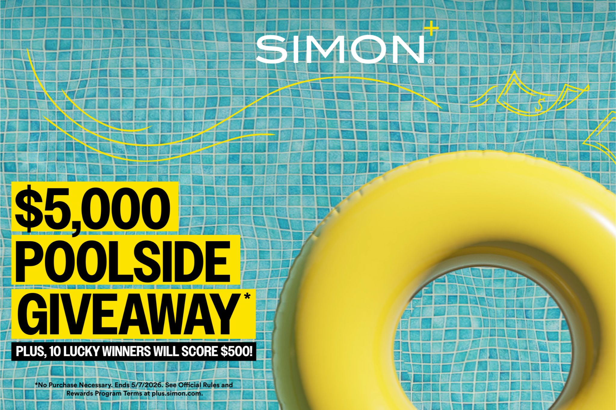 Bright yellow pool float rests against a vibrant blue tiled pool backdrop, promoting a $5,000 giveaway with details of prize winners visibly highlighted, featured in the Poolside Giveaway