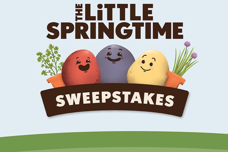 Three cheerful, cartoonish potatoes in vibrant colors stand next to pots with herbs. The scene suggests a springtime theme, inviting viewers to engage in a friendly sweepstakes, featured in the Little Potato $10K Travel Sweepstakes