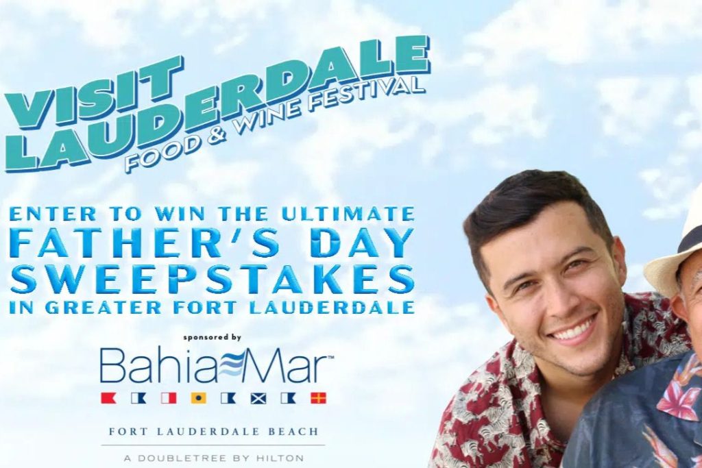 Two young men smile warmly at the camera against a bright, cloudy background, promoting a food and wine festival in Greater Fort Lauderdale, with a Father's Day sweepstakes theme, featured in the VL Food Wine Ultimate Fathers Day Sweepstakes
