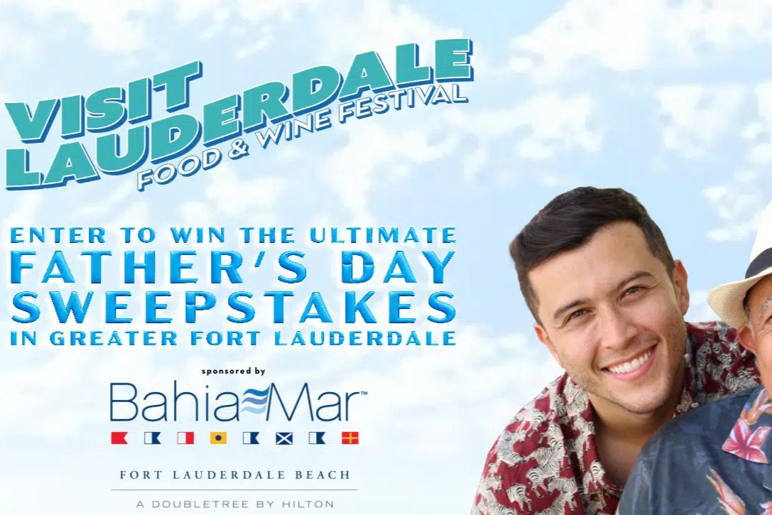 Two young men smile warmly at the camera against a bright, cloudy background, promoting a food and wine festival in Greater Fort Lauderdale, with a Father's Day sweepstakes theme, featured in the VL Food Wine Ultimate Fathers Day Sweepstakes