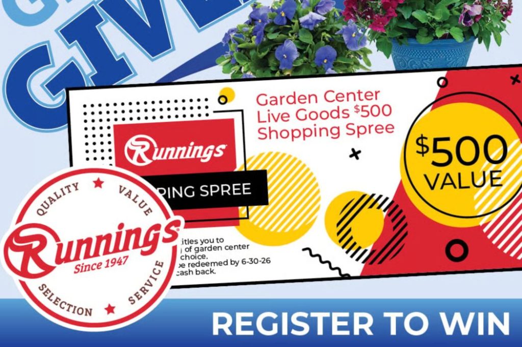 A colorful promotional card highlights a $500 shopping spree for garden center live goods, surrounded by vibrant flowers, inviting viewers to register for a chance to win, featured in the Runnings Garden Center $500 Sweepstakes
