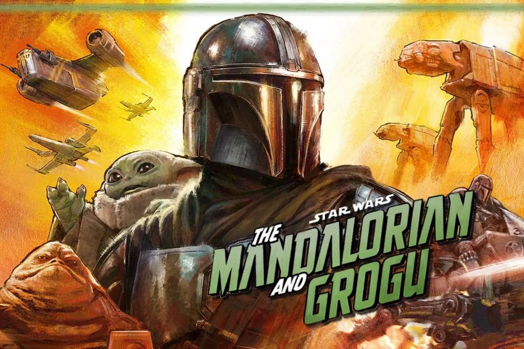 A Mandalorian warrior stands prominently with Grogu, surrounded by spacecraft and droids in a vibrant, action-filled scene. Their expressions convey readiness and adventure, featured in the Disney+ Mandalorian Premiere Sweepstakes