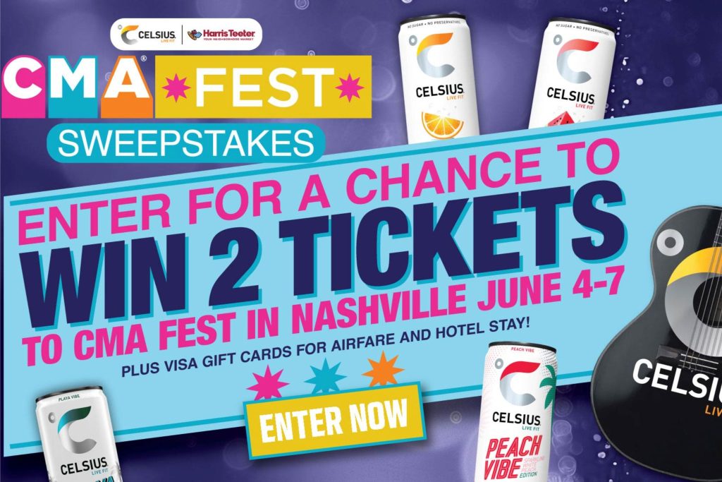 A vibrant design promotes a sweepstakes for CMA Fest, featuring two Celsius energy drink cans and a black acoustic guitar, with bold text inviting entries for ticket giveaways, featured in the Celsius CMA Fest Tickets Sweepstakes