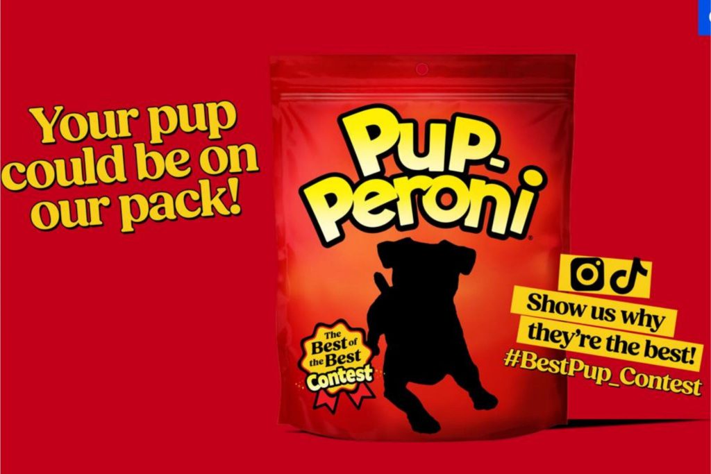 A bold, red background features a bag of Pup Peroni, prominently displaying a silhouette of a dog and text encouraging participation in a contest showcasing pets, featured in the Pup-Peroni Best of the Best Sweepstakes