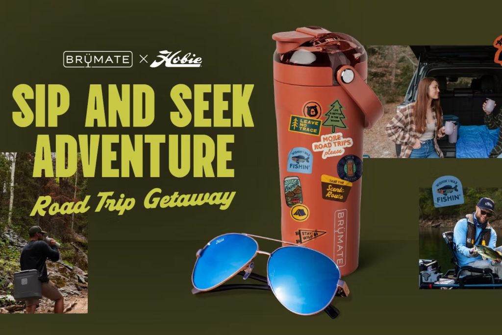 A vibrant scene featuring a branded beverage container adorned with outdoor-themed stickers, sunglasses, and images of friends enjoying a road trip, hiking, and fishing adventures, featured in the BruMate Road Trip Getaway Sweepstakes