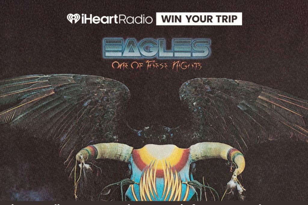A stylized eagle spreads its wings against a dark background, adorned with colorful elements and the text "Eagles: One of These Nights.", featured in the Eagles National Flyaway Sweepstakes