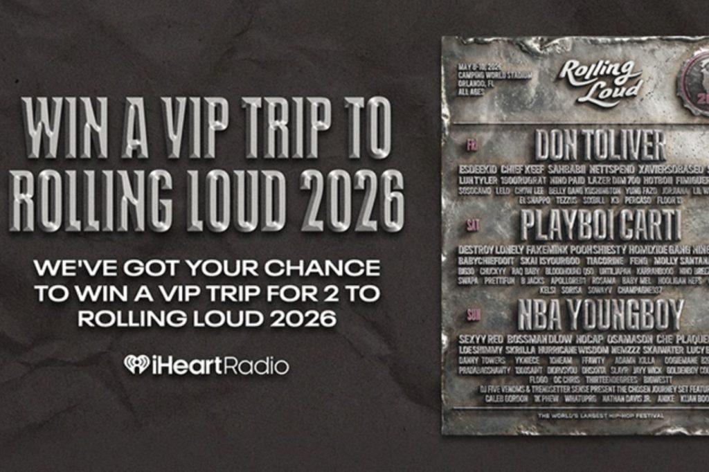 A promotional graphic invites participation to win a VIP trip for two to Rolling Loud 2026, featuring a lineup of popular music artists and festival details, featured in the Rolling Loud 2026 Sweepstakes