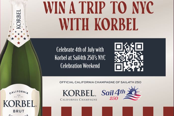 Korbel champagne bottle with patriotic design promoting a NYC Sail 4th sweepstakes trip with QR code and event branding.