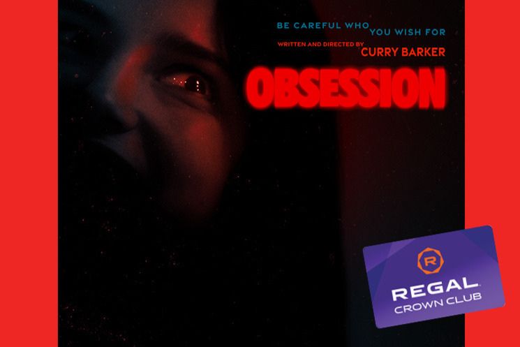 A close-up of a person's face, partially obscured in shadow, with a haunting expression. The background features a dark ambiance, creating a tense mood, featured in the Regal Crown Club Choose Your Obsession Sweepstakes