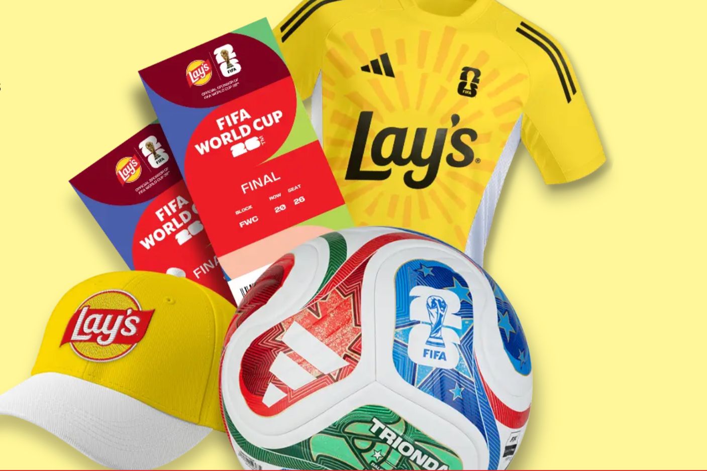 A yellow jersey with a bold logo is displayed alongside a soccer ball featuring vibrant colors, a yellow cap, and FIFA World Cup tickets, all set against a bright background, featured in the Lays FIFA World Cup Final Match Sweepstakes