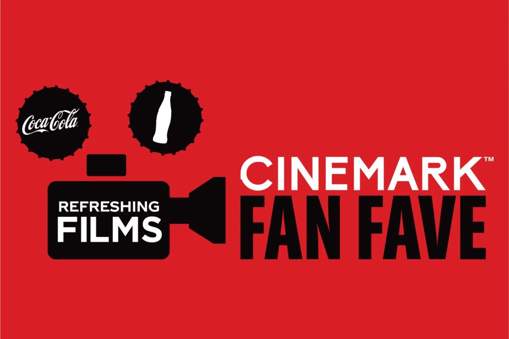 A vibrant red background features a stylized film camera icon with a "Refreshing Films" label, alongside Coca-Cola caps and "Fan Fave" text, promoting a cinematic experience, featured in the Coca-Cola Cinemark Fan Favorite Sweepstakes