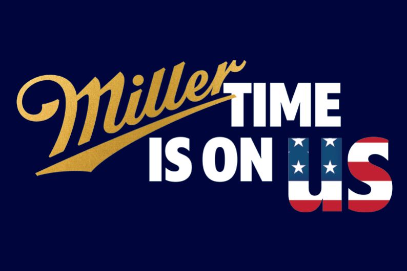 A bold graphic features stylized text announcing "Miller Time Is On Us," with patriotic red, white, and blue elements set against a dark background, featured in the Miller Lite Summer Sweepstakes