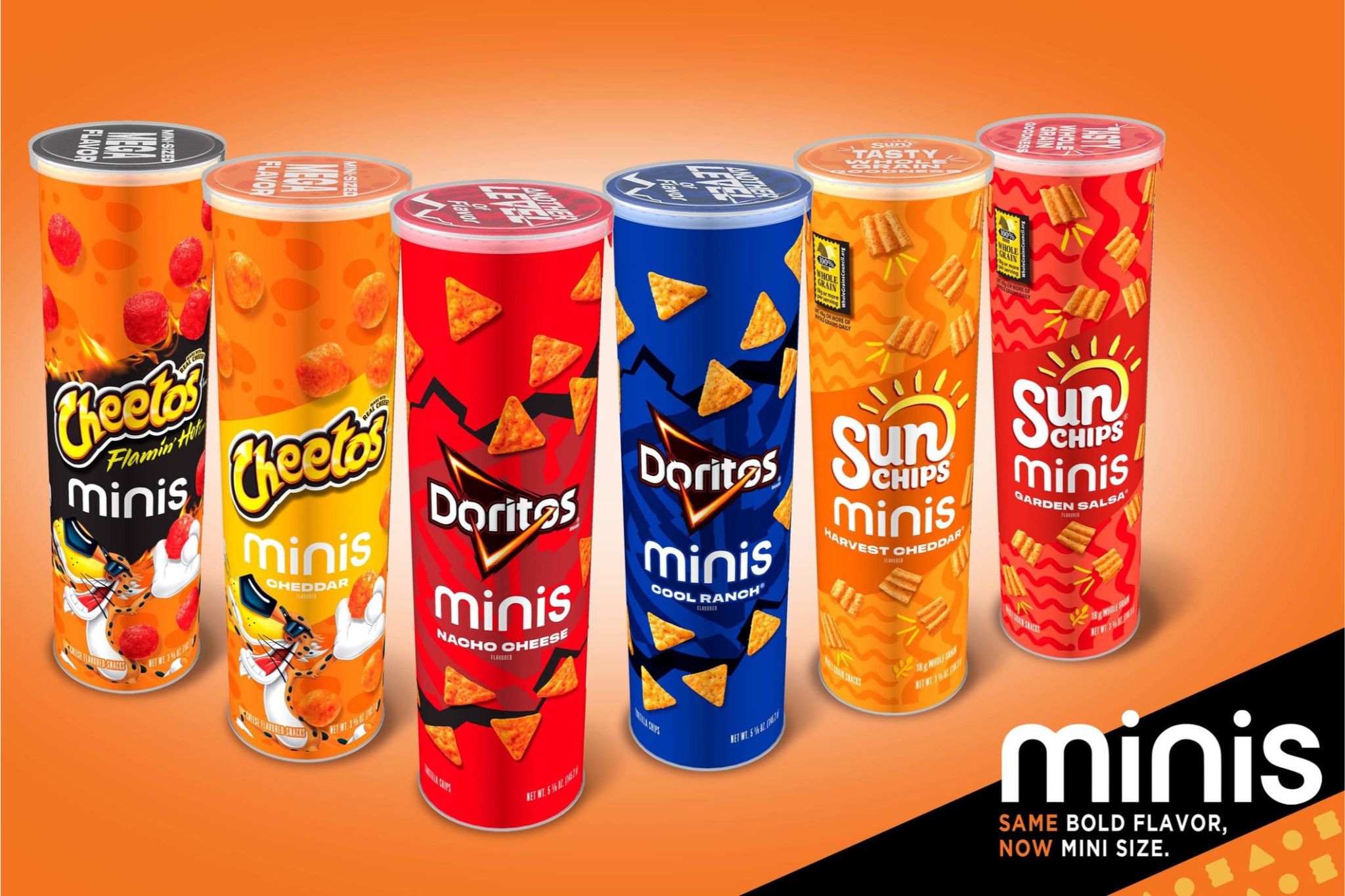 Colorful cylindrical containers of Cheetos and Doritos minis are displayed prominently, showcasing various flavors like Flamin' Hot, Cheddar, and Nacho Cheese against a vibrant orange background, featured in the Frito-Lay FIFA World Cup Match Tickets Sweepstakes