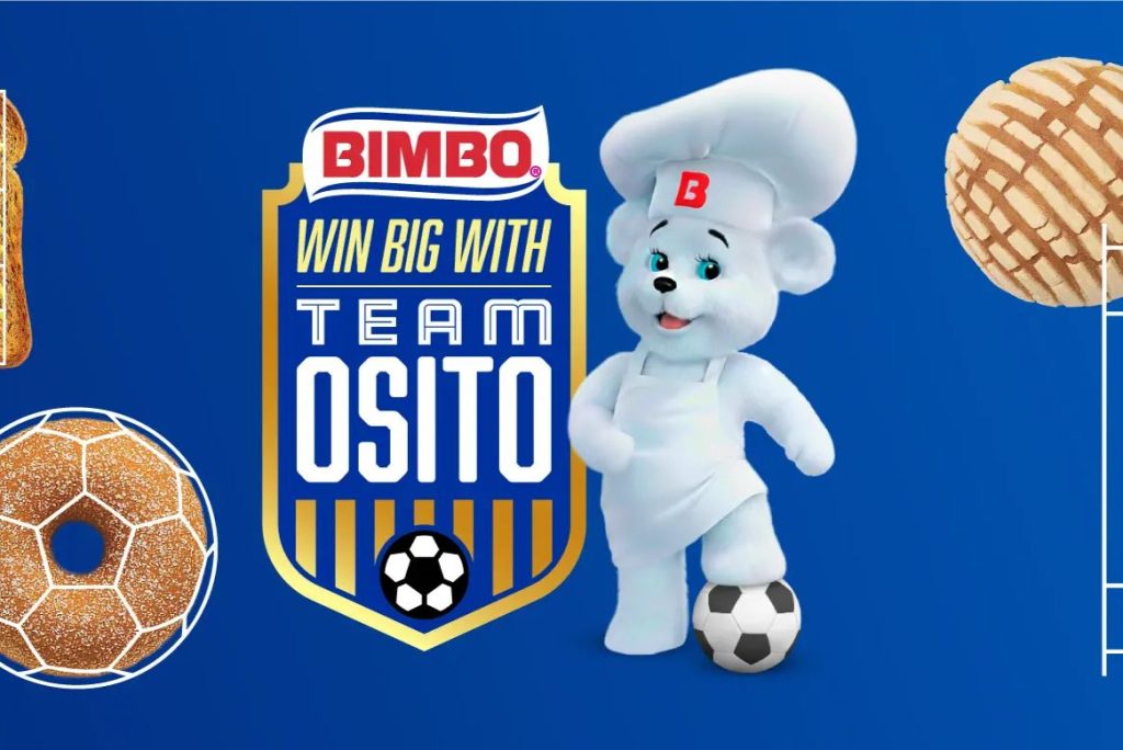 A cheerful bear mascot in a chef's outfit stands on a soccer ball, surrounded by playful food items like a donut and a cookie against a blue background, featured in the Team Osito Bimbo Instant Win Sweepstakes