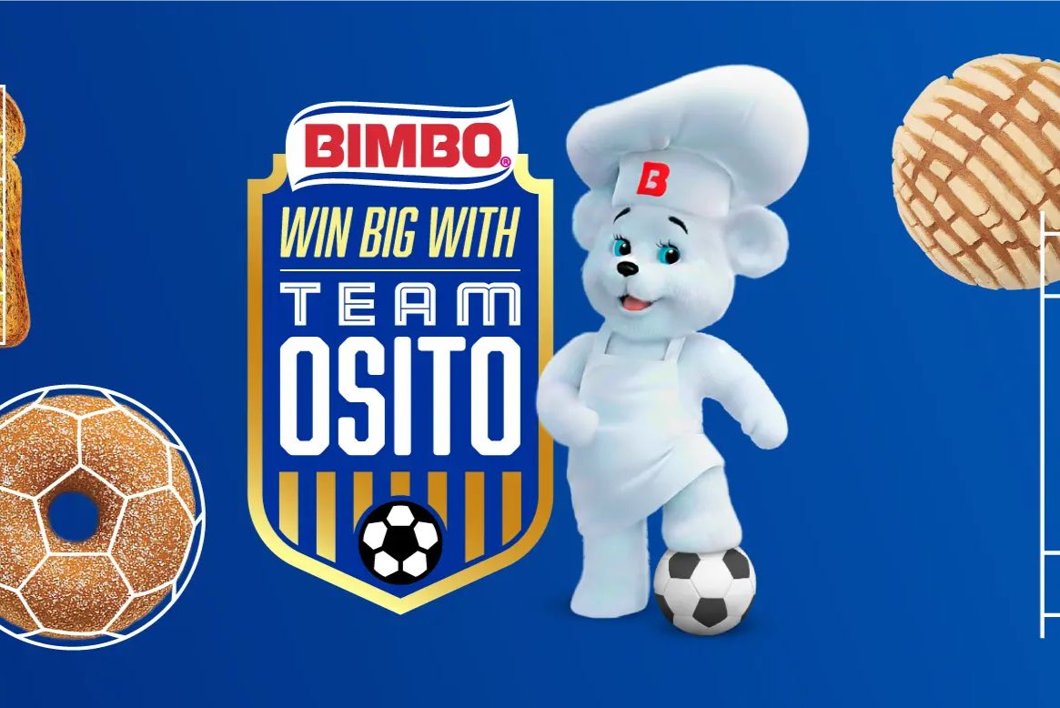 A cheerful bear mascot in a chef's outfit stands on a soccer ball, surrounded by playful food items like a donut and a cookie against a blue background, featured in the Team Osito Bimbo Instant Win Sweepstakes