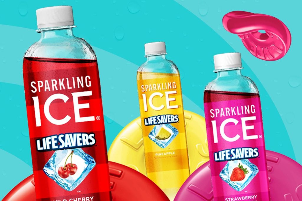 Bright bottles of sparkling water in cherry, pineapple, and strawberry flavors sit against a vibrant aqua background, surrounded by playful, colorful flotation devices, featured in the Sparkling Ice Flavor to the Rescue Sweepstakes