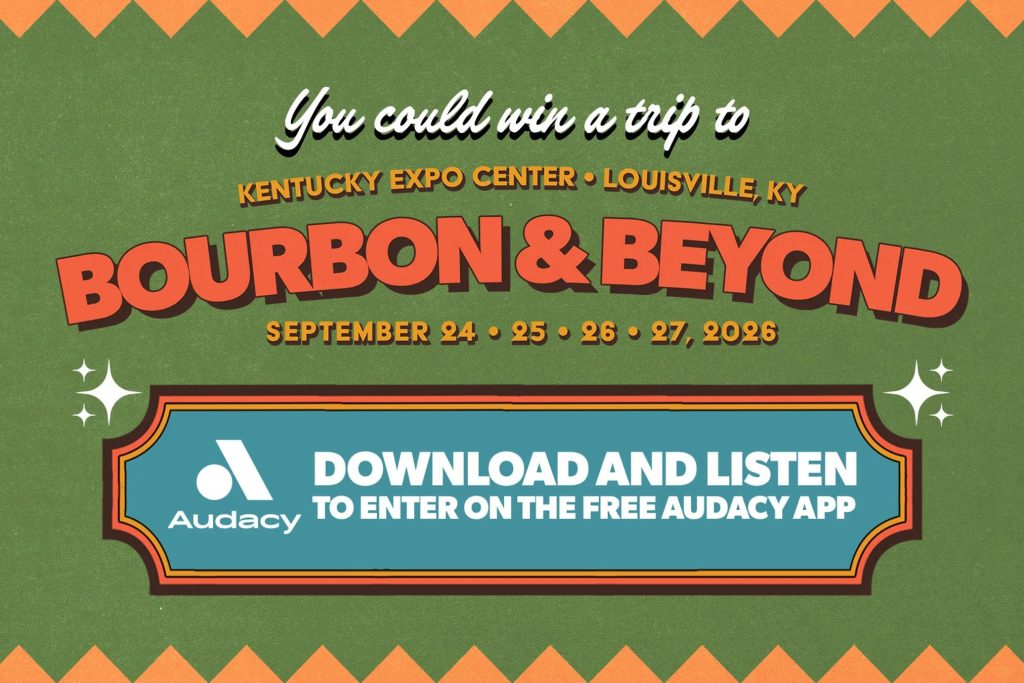 A colorful promotional graphic invites viewers to win a trip to the Bourbon & Beyond festival at the Kentucky Expo Center in Louisville, KY, with event dates listed prominently, featured in the Audacy Bourbon & Beyond VIP Sweepstakes