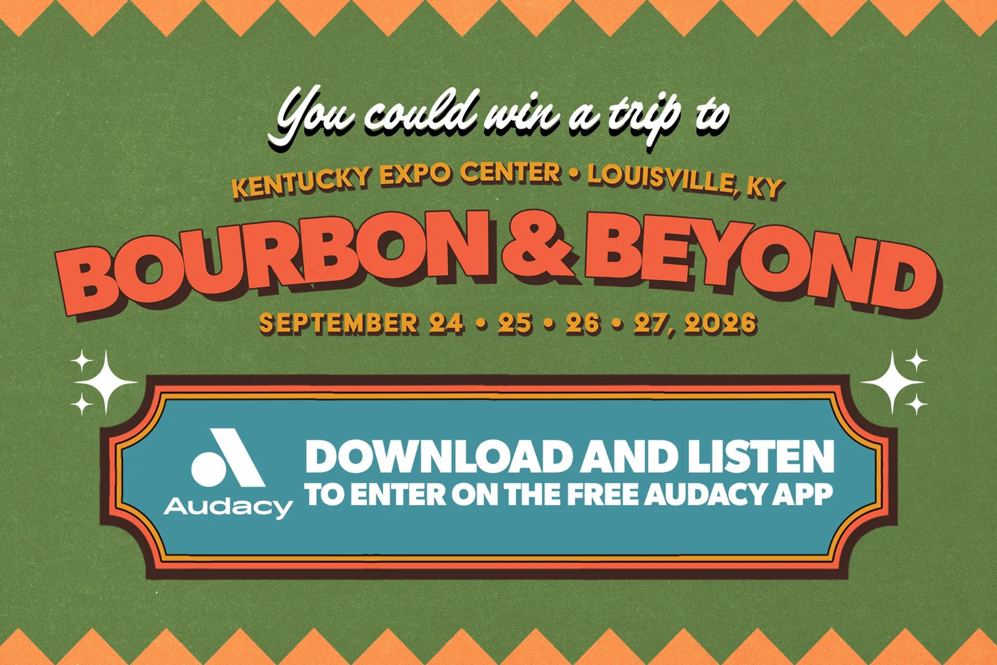 A colorful promotional graphic invites viewers to win a trip to the Bourbon & Beyond festival at the Kentucky Expo Center in Louisville, KY, with event dates listed prominently, featured in the Audacy Bourbon & Beyond VIP Sweepstakes